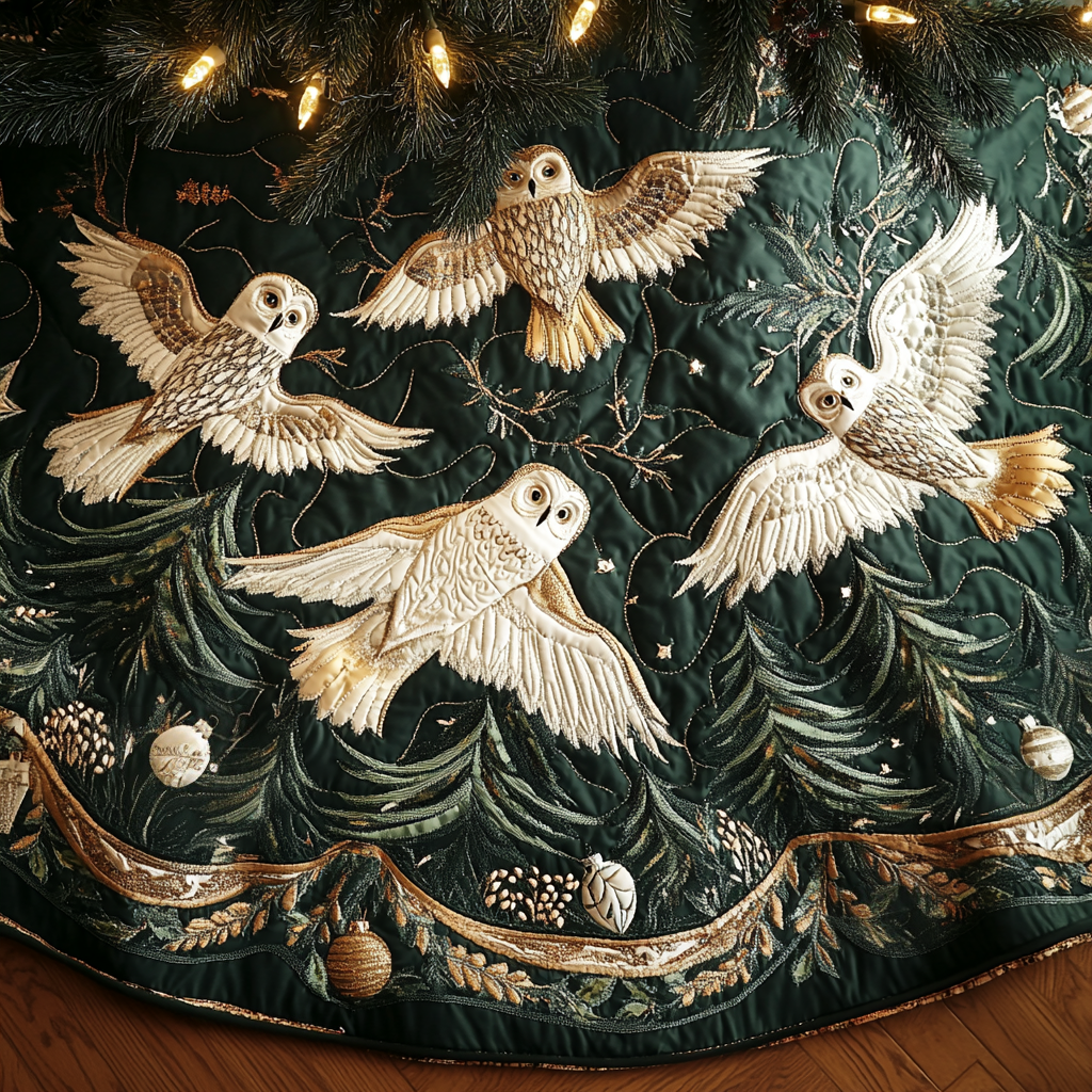 Midnight Snow Owls Christmas Quilted Tree Skirt NCU0DV2280