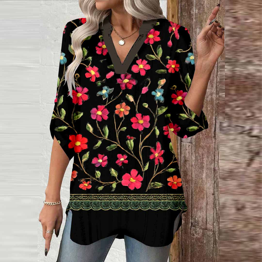 Women Floral, Black DZGA0055 3/4 Sleeve V-neck Printed Graphic Button Tops