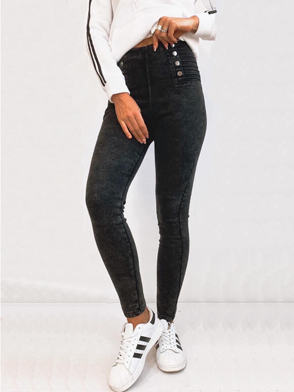 Solid Denim Long Casual Plus Size Button Denim & Jeans B113- Fabulory