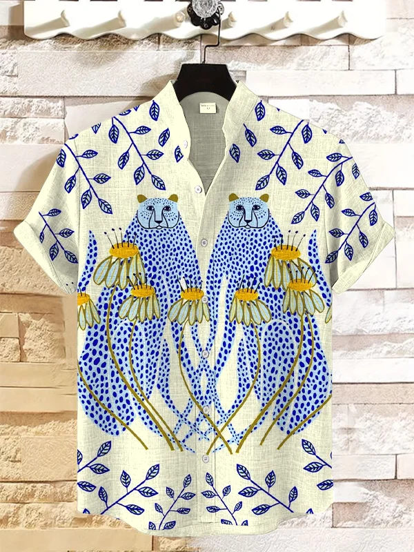 Men's Blue Cheetahs And Golden Daisies Art Print Linen Blend Shirt