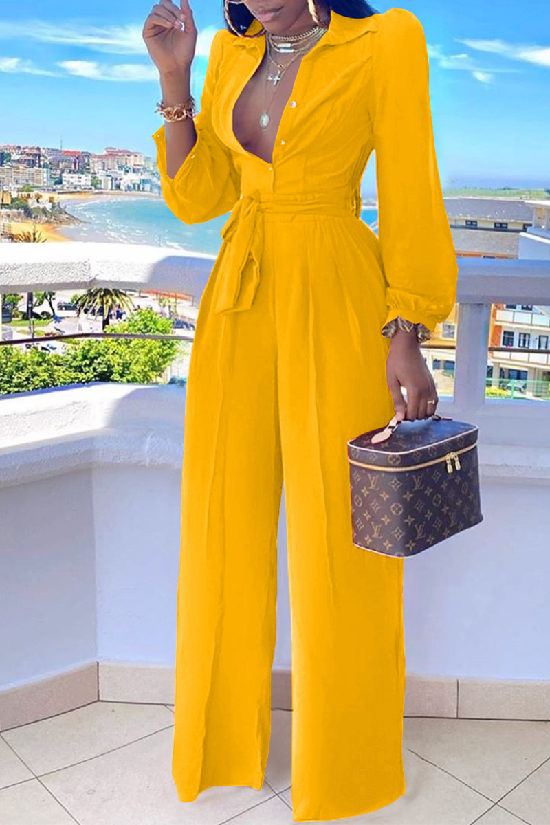Casual Solid Split Joint Turndown Collar Straight Jumpsuits