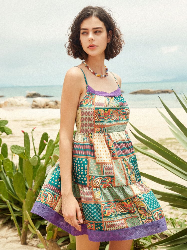 Bohemian Printed Guipure Lace Adjustable Strap Mini Dress