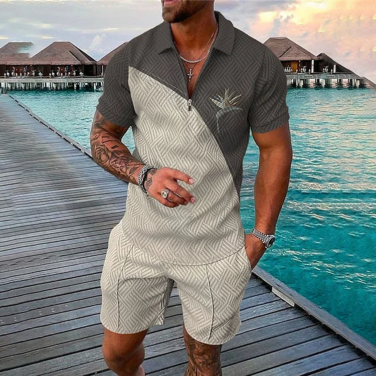 BrosWear Grey Contrast Color Short Sleeve Polo Shirt And Shorts Co-Ord