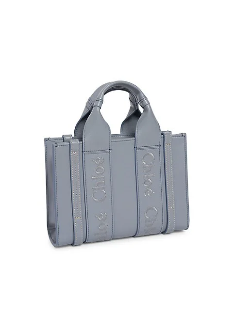 Chlo&eacute; Mini Woody Leather Tote Bag Storm Blue
