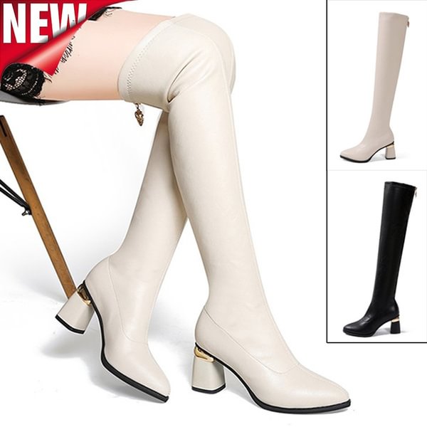 2022 Women Autumn Winter PU Leather Knee High Boots Low Heel Shoes Women Tall Boots Black White Boots - Shop Trendy Women's Clothing | LoverChic