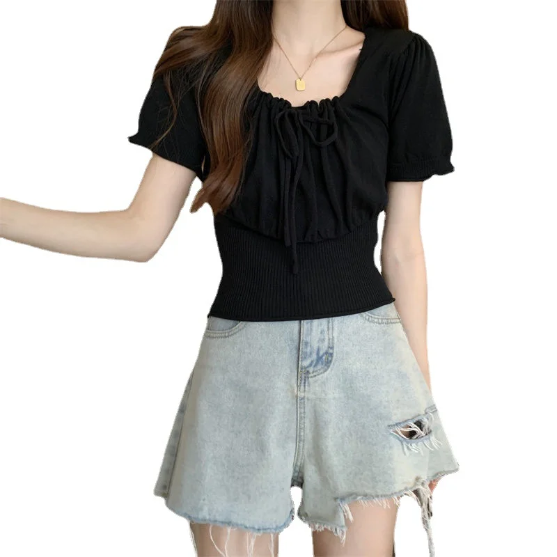 Uveng Uveng With Drawstring T-Shirt For Girls Summer New Retro French Style Collar Temperament Collar Collar Short Sleeve Top In Fashion