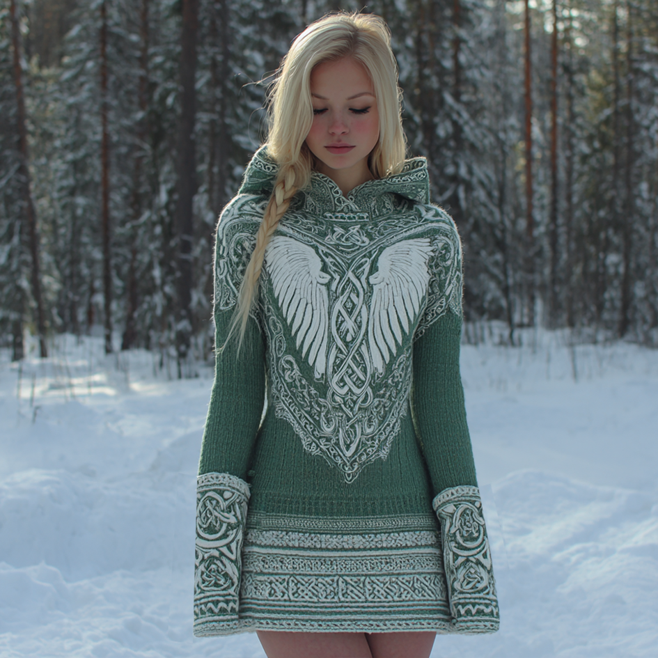 Vintage Viking Celtic Style Women's Hooded Knitted Sweater Dress elevenforest