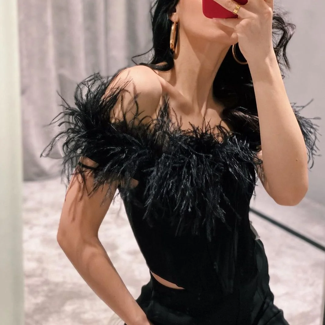 FSDA 2022 Summer Feather Corset Crop Top Women Black Off Shoulder Red Cami Party Club Sleeveless Sexy Tank Tops Tube