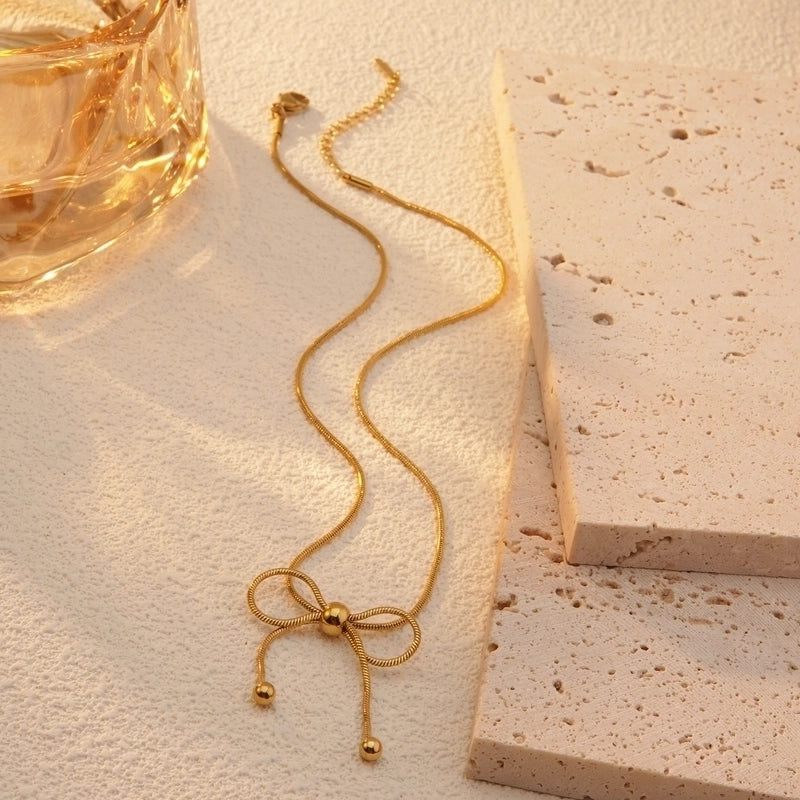 Lady French Style Bow Knot 304 Stainless Steel 18K Gold Plated Earrings Necklace Jewelry Set