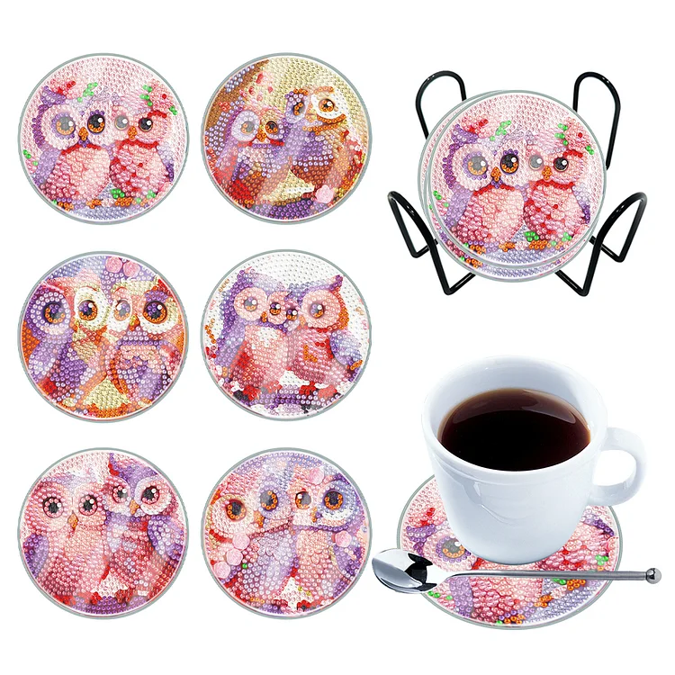 6 PCS Washable Acrylic Owl Sea Animal Diamond Painting Coasters Kits with Holder