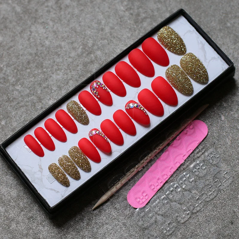 Matte glitter art nails box Match press on nails Burgundy AB rhinestone fasle nails stiletto Custom nails white blue pink-Nail Inspo