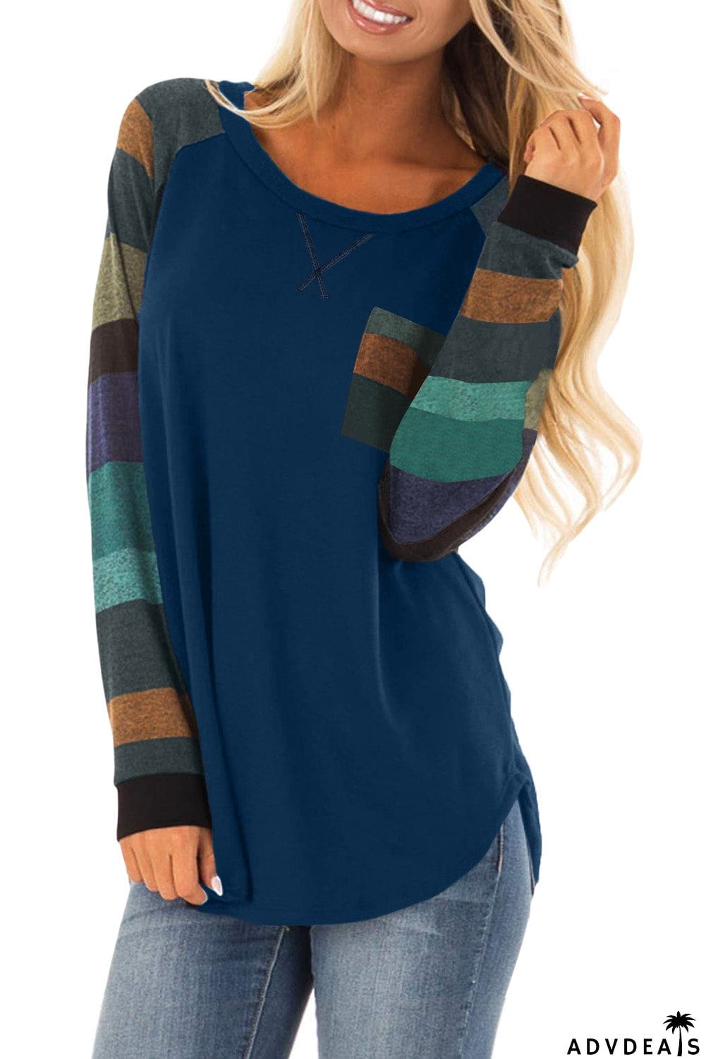 Color Block Striped Pocket Long Sleeve Top