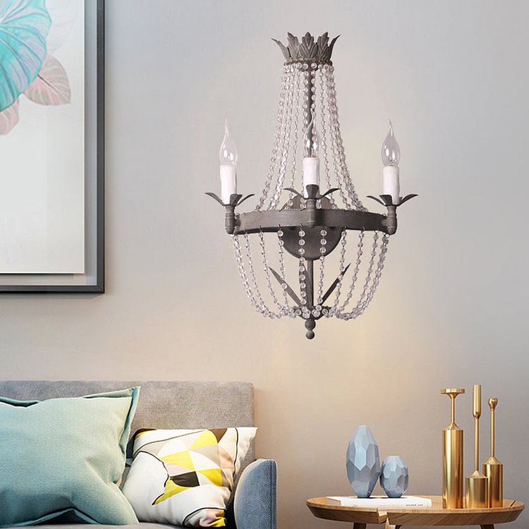 Beaded Wood Wall Mount Lighting Traditional-Style 3 Lights Bedroom Sconce in Grey