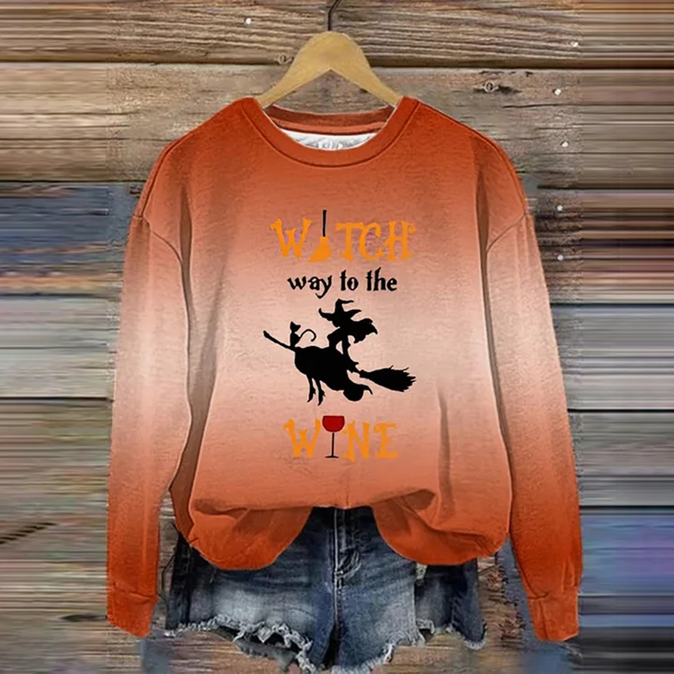 Halloween Witch Way To The Wine Gradient Color Printed Sweatshirt