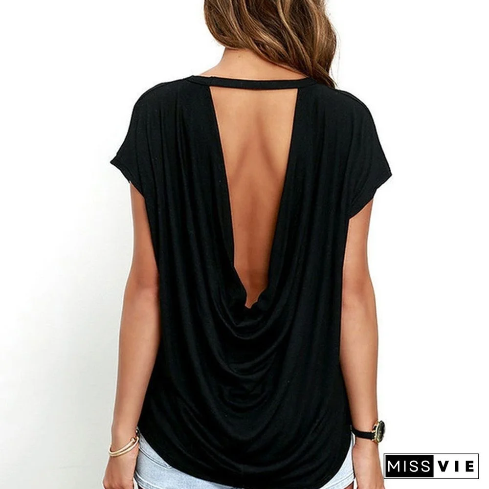 Women Summer Open Back Short Sleeve T Shirt Casual Backless Tops Tees T-Shirt