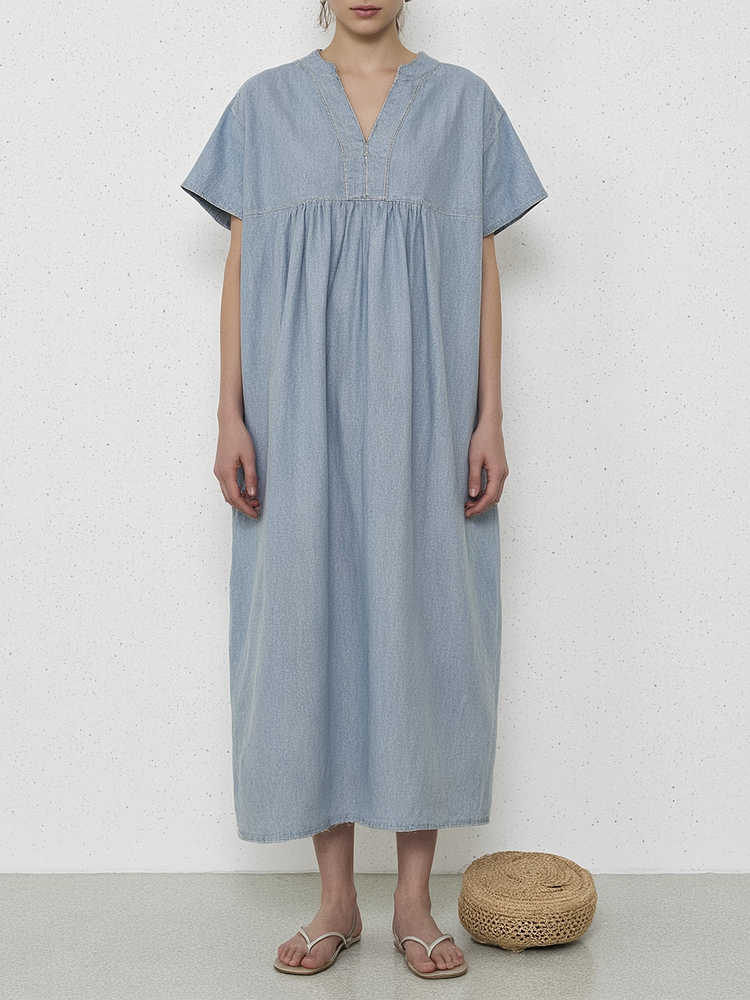  V-neck Denim Solid Color Dress