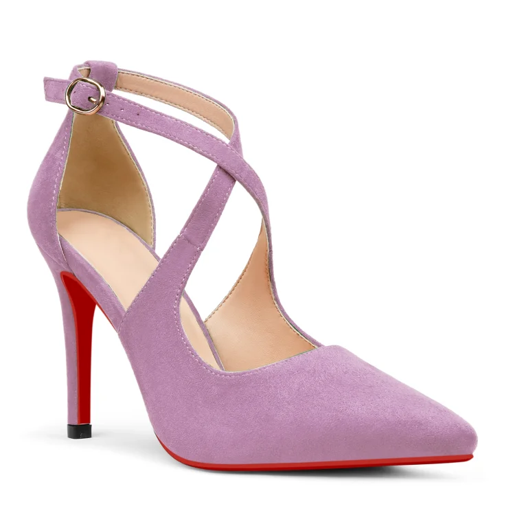 95mm Women's Pointed Toe Cross Strap Heels Red Bottoms Pumps Shoes Suede VOCOSI VOCOSI