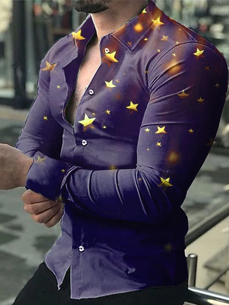 Men's Casual Style Golden Star Pattern Printed Long Sleeve Shirt