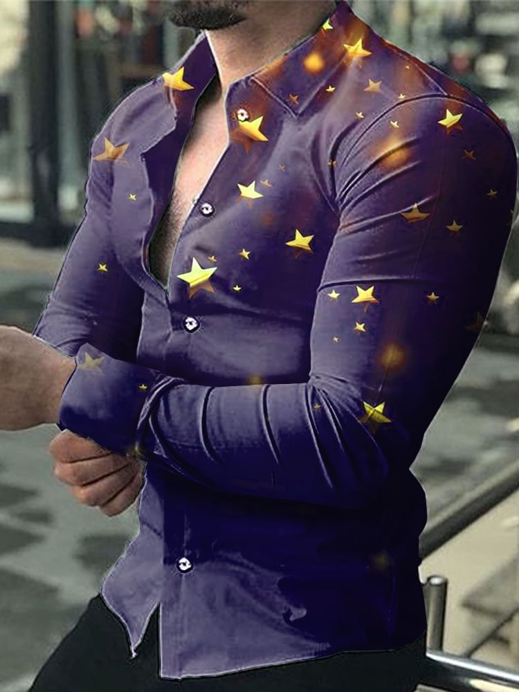 Men's Casual Style Golden Star Pattern Printed Long Sleeve Shirt