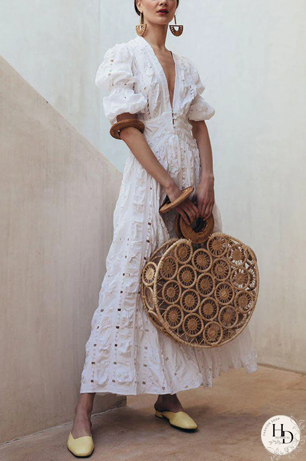 V Neck Hollow Ruffle Puff Sleeve Maxi Dress