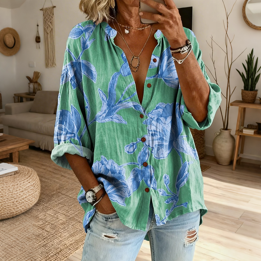 Comstylish Women's Retro Blue Floral Art Print Casual Cotton Linen Shirt