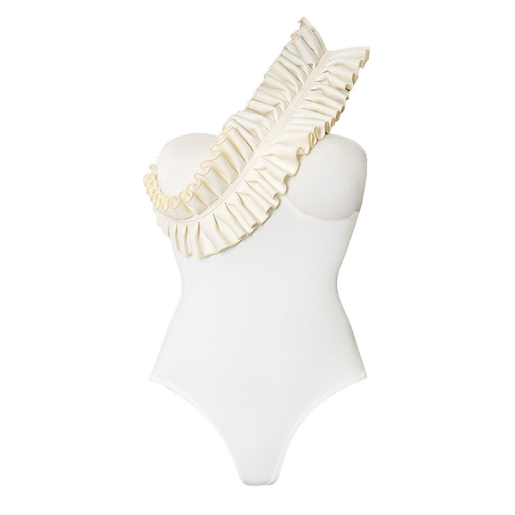 Flaxmaker White One Shoulder Ruffle One Piece Swimsuit and Skirt