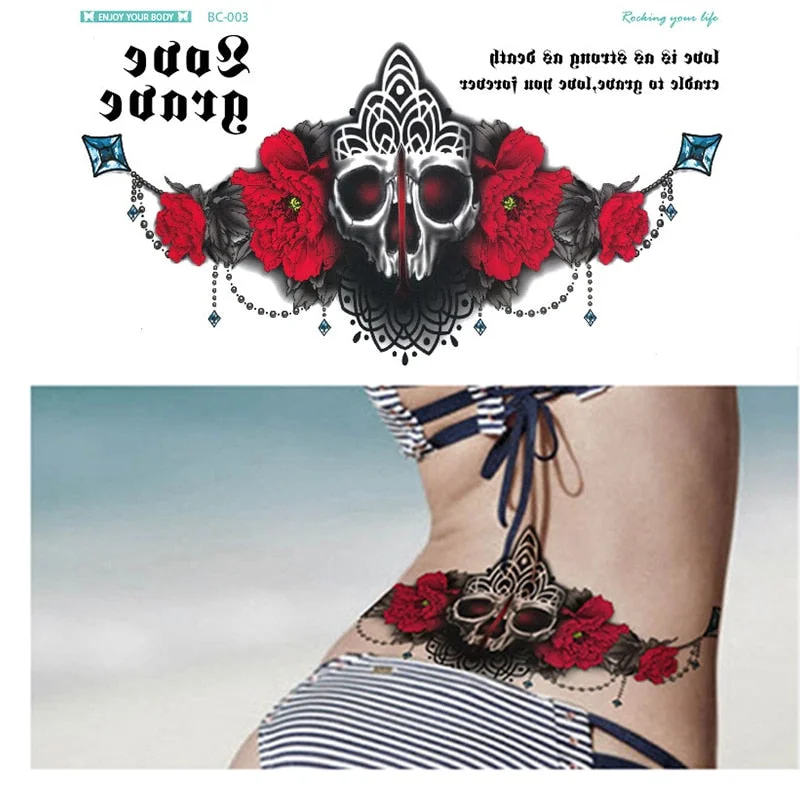 1Piece Temp Body Art Lower Back Temporary Tattoos Fantasy Fake Tattoo for Women Girls Adult Butterfly Flower Waterproof Stickers