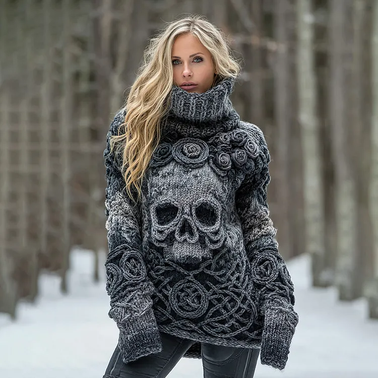 Women's Rose Skull Jacquard Chunky Knit Ombre Turtleneck Sweater