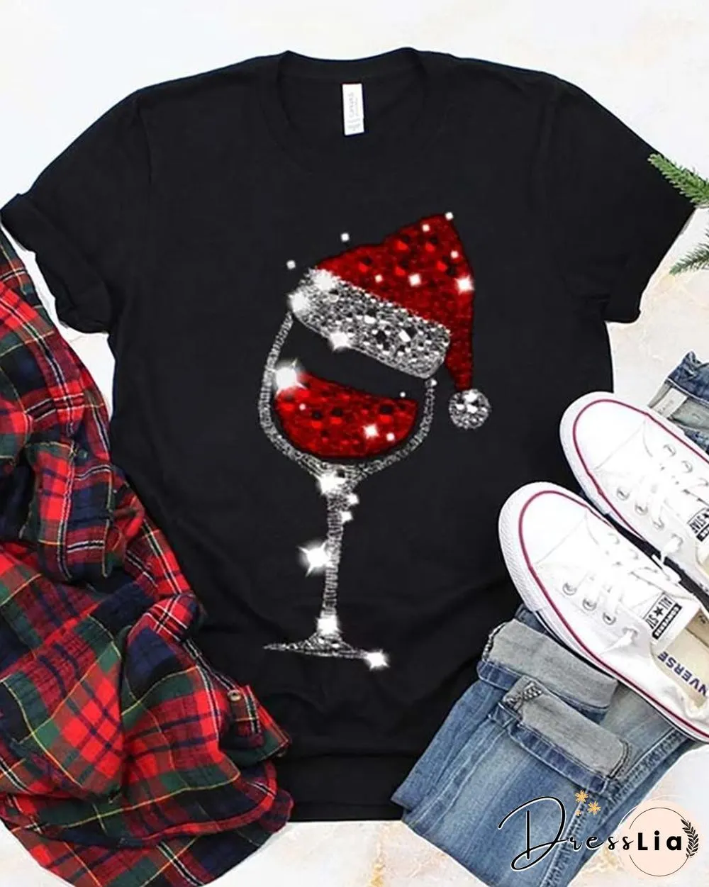 Christmas Short Sleeve Wineglass Hat Print T-Shirt P10836