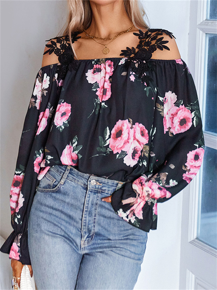 Floral Print Splicing Lace Lace One-line Collar Shirt Women's Strapless Black Tops