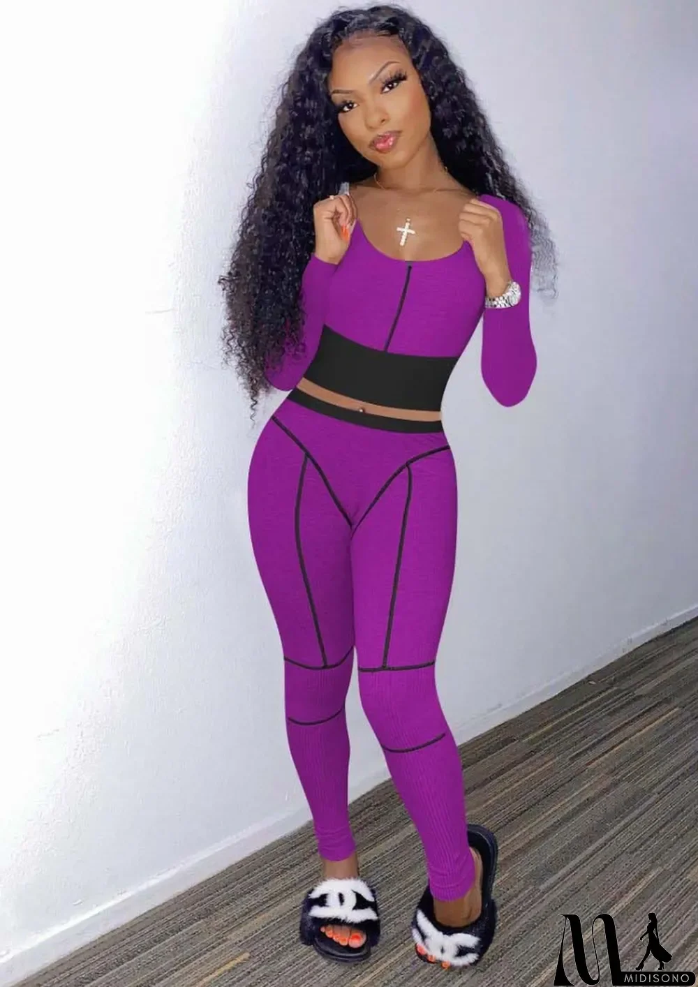 MidiSono - Fall Sexy Purple Contrast Tight Crop Top and Pants Set