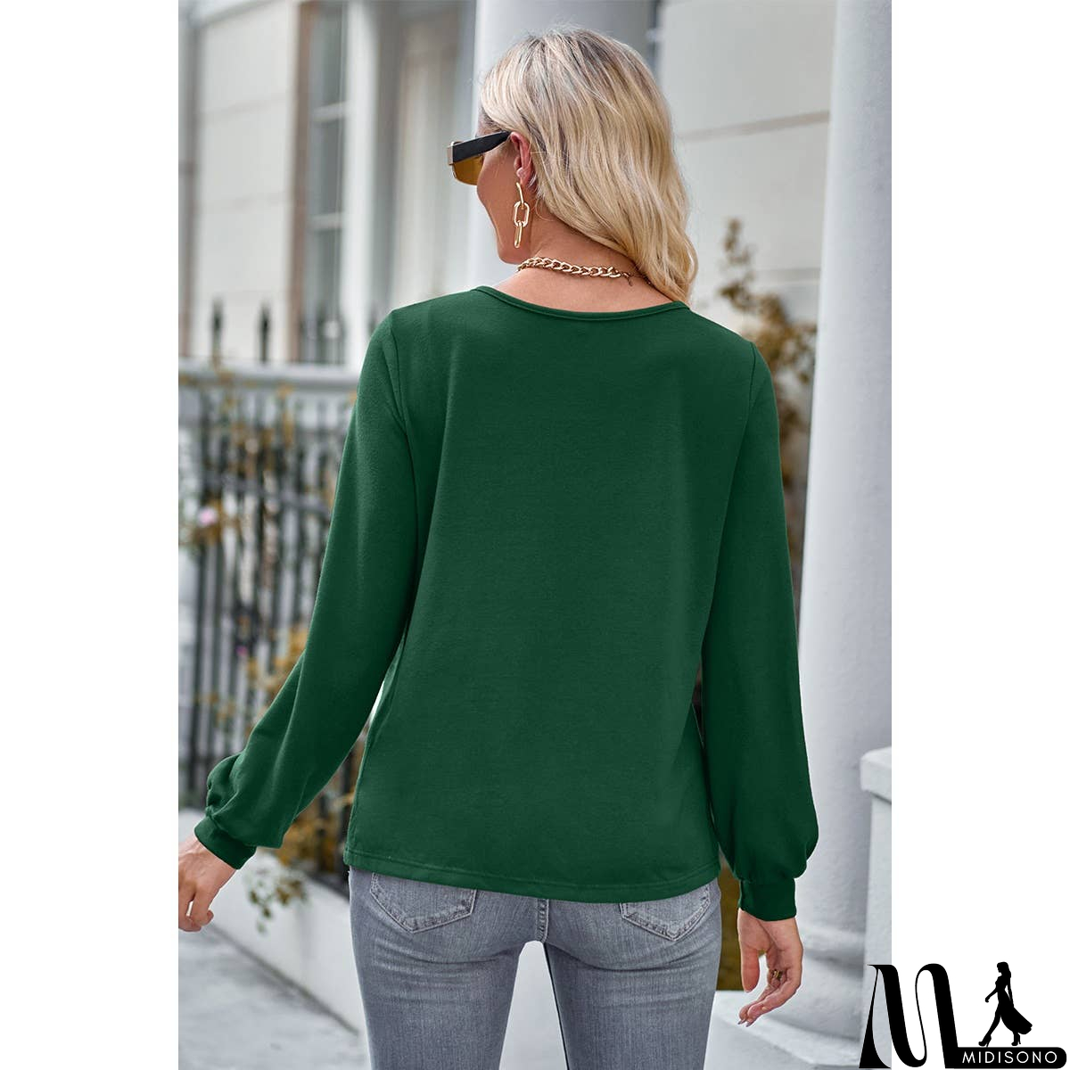 MidiSono - Front Open Button Lace Trim Fit V Neck Top