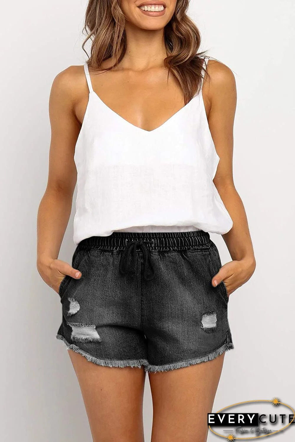 Black Elastic Waist Distressed Raw Hem Denim Shorts