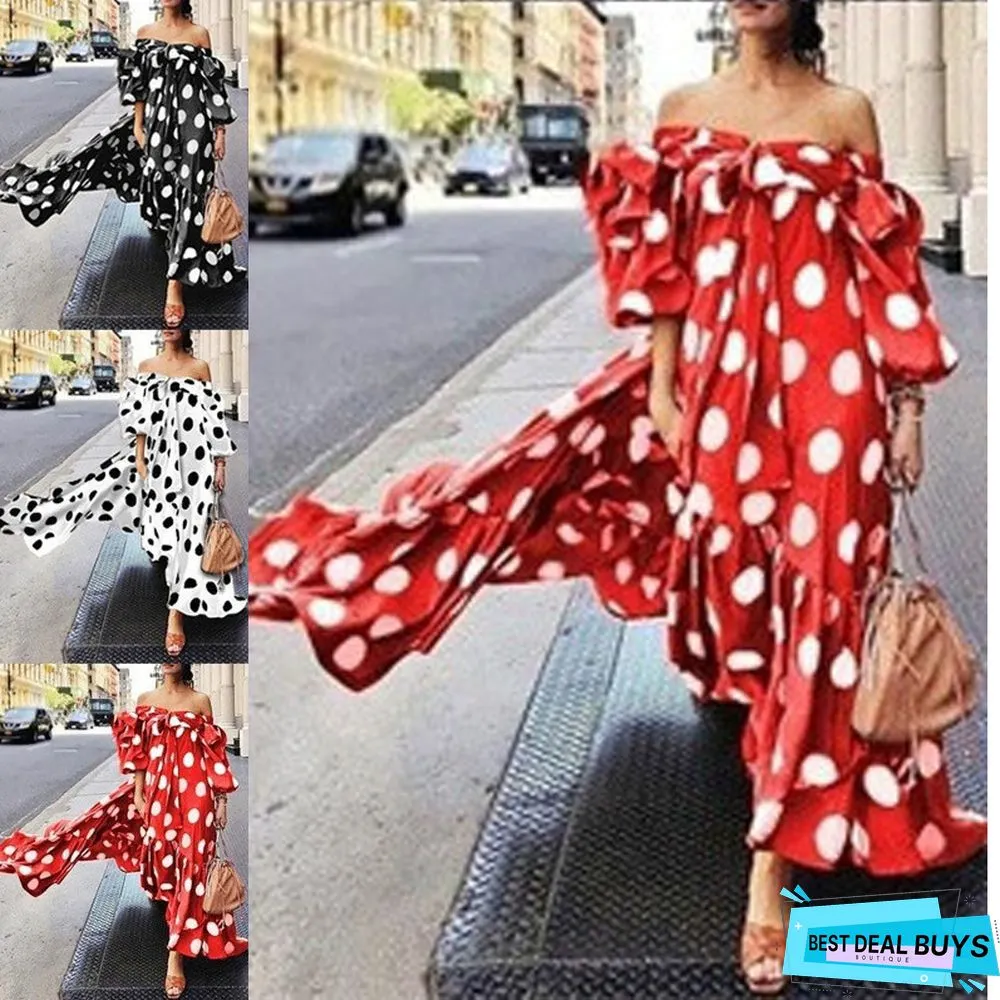 Bohemian Dress Off-The-Shoulder Polka Dot Dress Women's Casual Dress