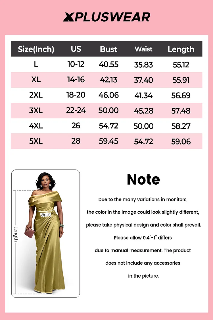 Xpluswear Design Plus Size Formal Green Off The Shoulder Short Sleeve Fold Elegant Satin Maxi Dresses [Pre-Order]