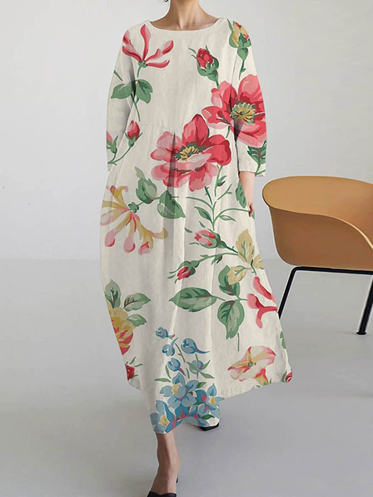 Comstylish Floral Print Crew Neck Casual Midi Dress