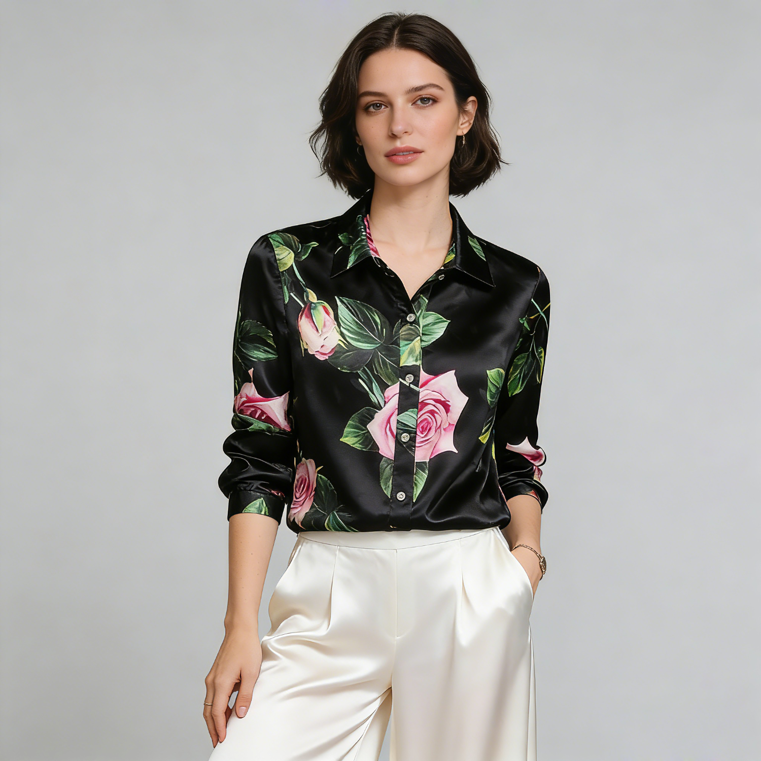 Silk Shirt Women Black Floral Stretch Silk Top For Work REAL SILK LIFE