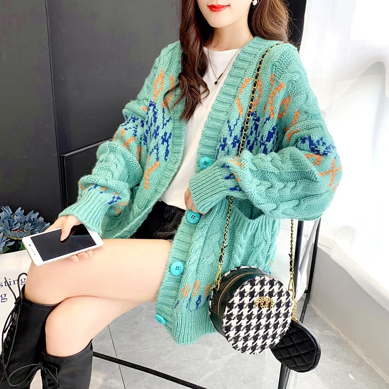 Cute Sweater Coat Autumn New Knit Women Cardigan Loose Streetwear 2020 Print Argyle V Neck Women Top Fashion Jacket