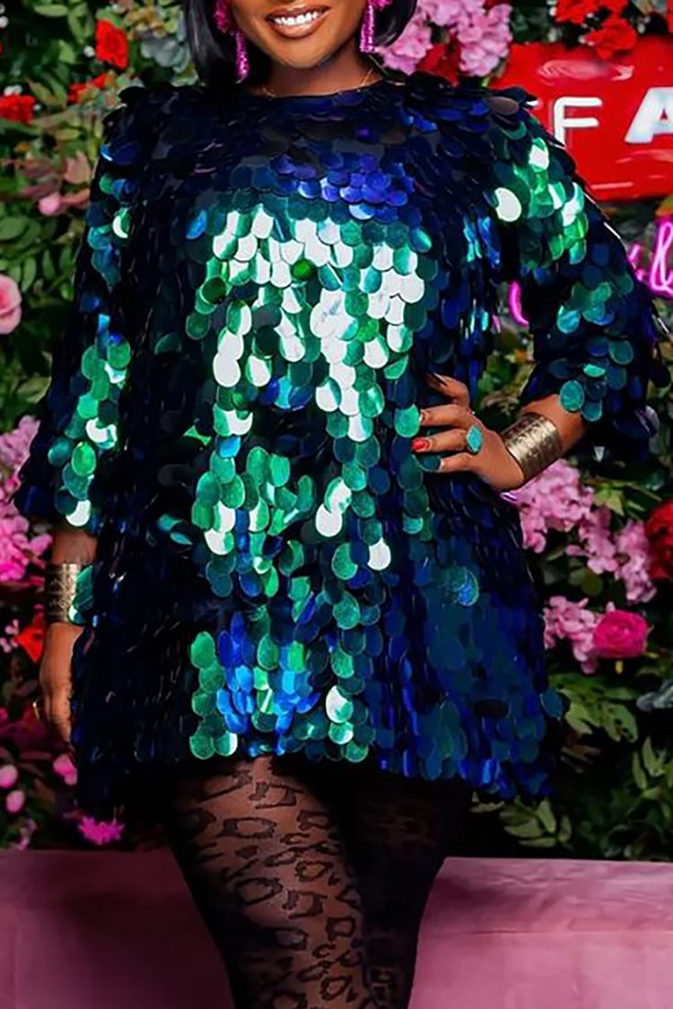 Plus Size Green Sequin Round Neck Mini Dress 