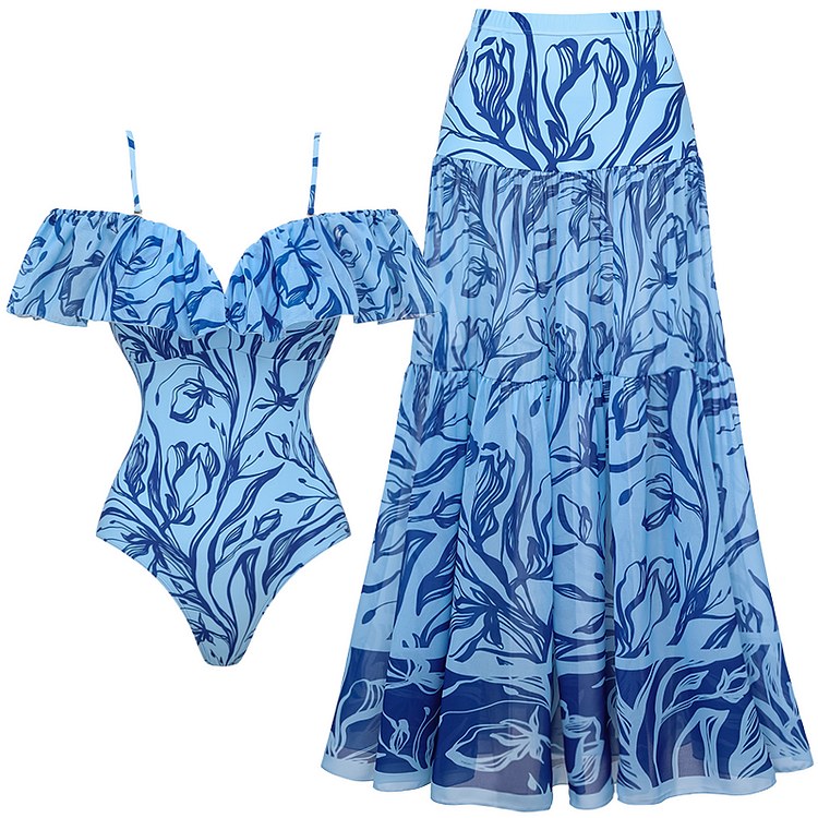 Ruffle Neck One Piece Swimsuit and Skirt
