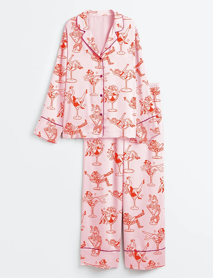 Women&rsquo;s Cowgirl Girl Woman In Martini Glass Mermaid Catgirl In Glass Long Sleeve Satin Pajama Set