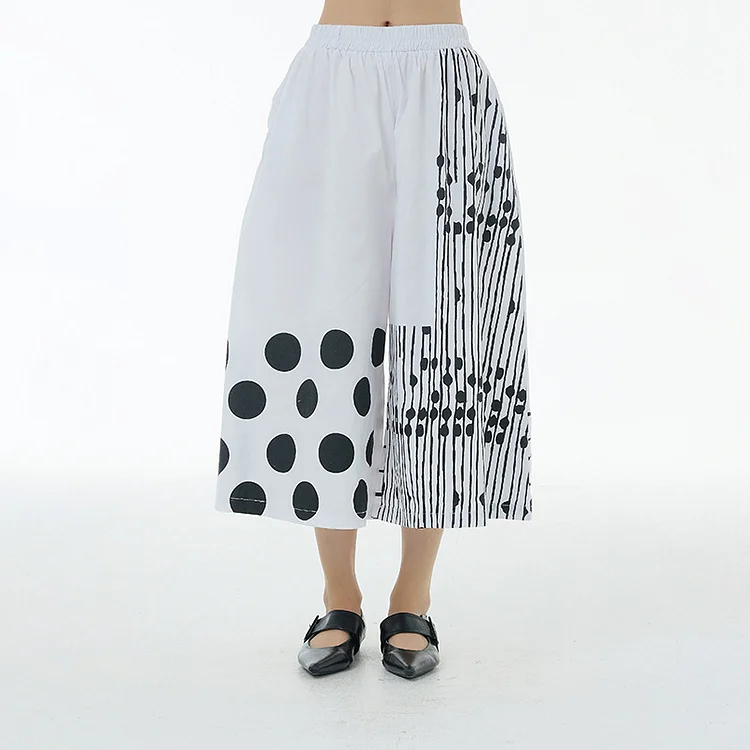 Fashion Elastic Waist Asymmetric Printed Dot Striped Pants