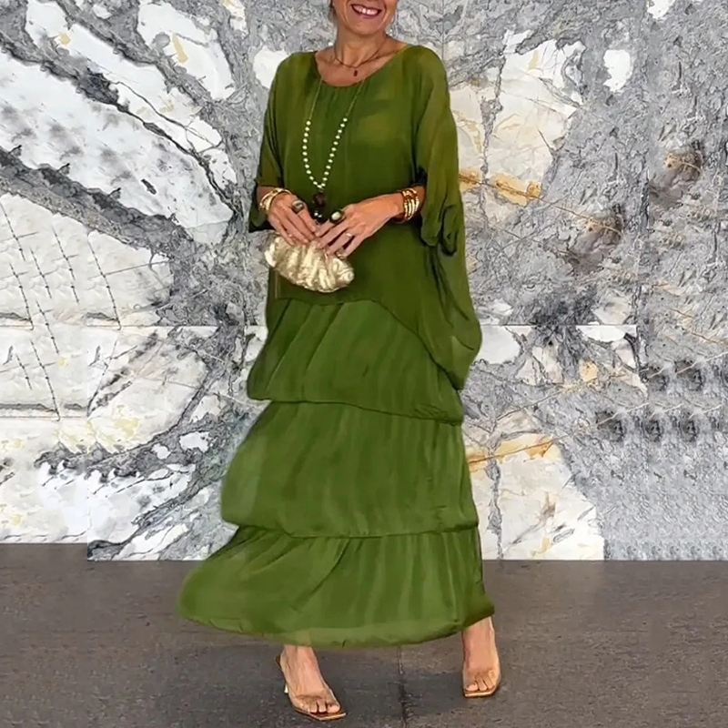 Elegant Chiffon Cake Round Neck Bat Sleeve Skirt Dress wearshes