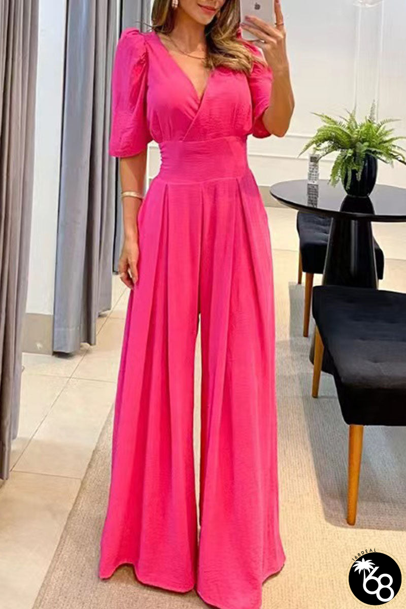 Casual Elegant Solid Pocket V Neck Straight Jumpsuits | 168DEAL