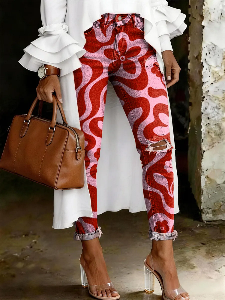Women's Fashion Casual Pattern Art Print Ripped Skinny Jeans