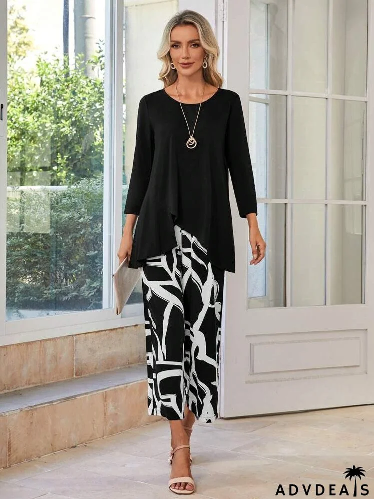 Solid Asymmetrical Hem Top & Graphic Print Pants