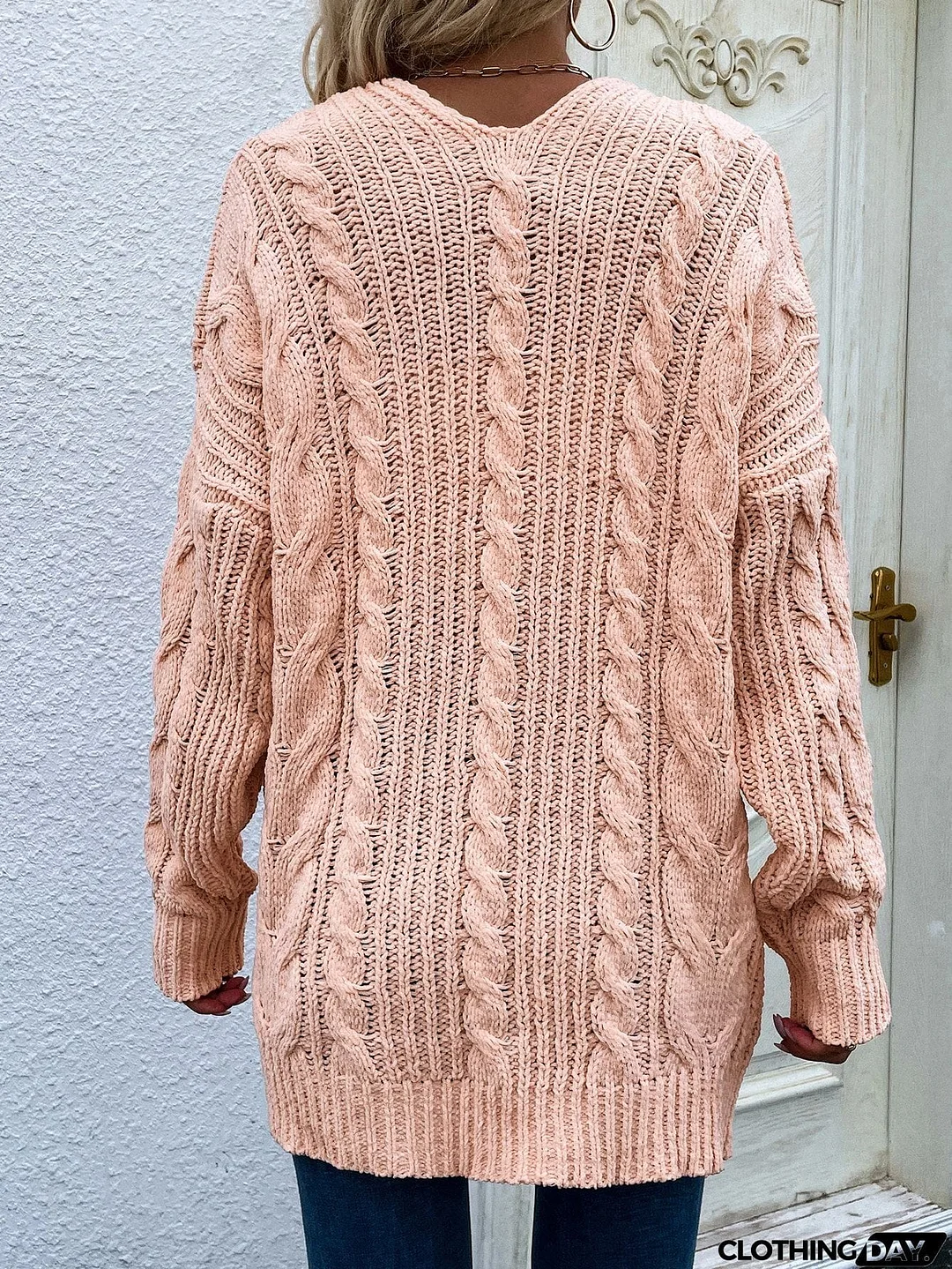 Woven Right Cable-Knit Open Front Cardigan with Front Pockets
