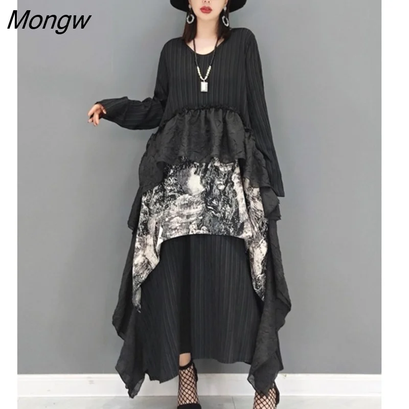 Mongw Fashion Printed Spliced Derss Women's Autumn 2023 New V-neck Loose Long Sleeve Mid-calf Dresses Female Tide 5E8840