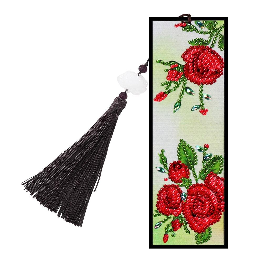 Tassel Red Flowers Leather DIY Special Shaped Diamond Painting Bookmark
