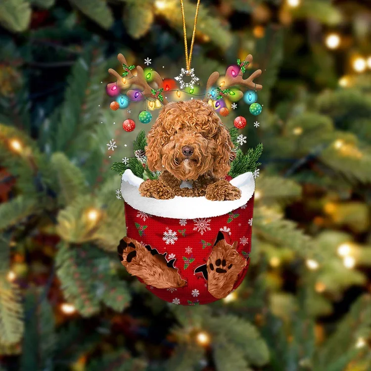 RED Labradoodle In Snow Pocket Christmas Ornament trabladzer